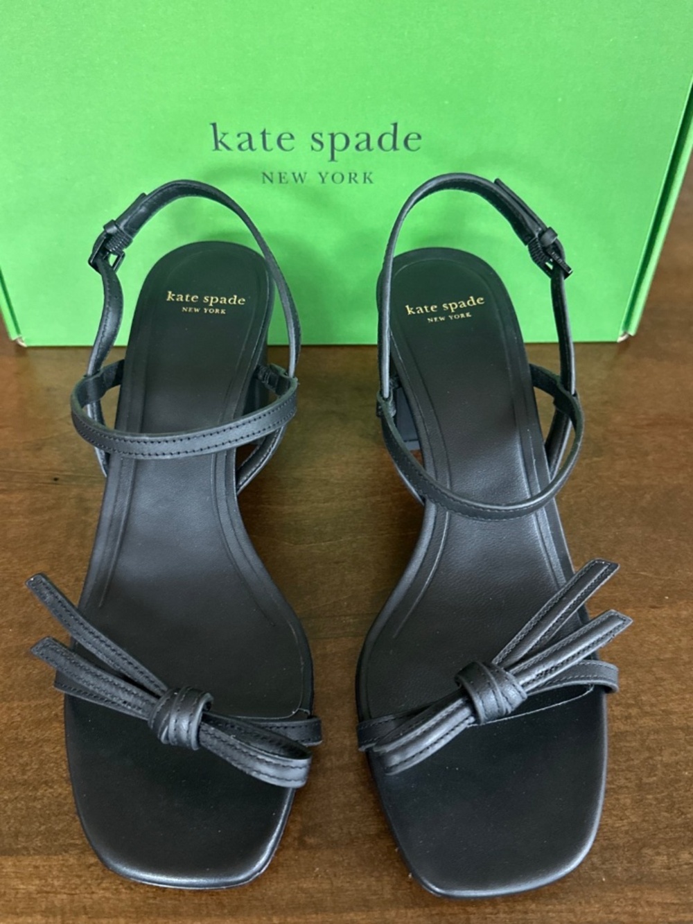 Kate Spade New York Black Loop Block Heel Sandals Bow Strappy Square Toe 8.5 NEW